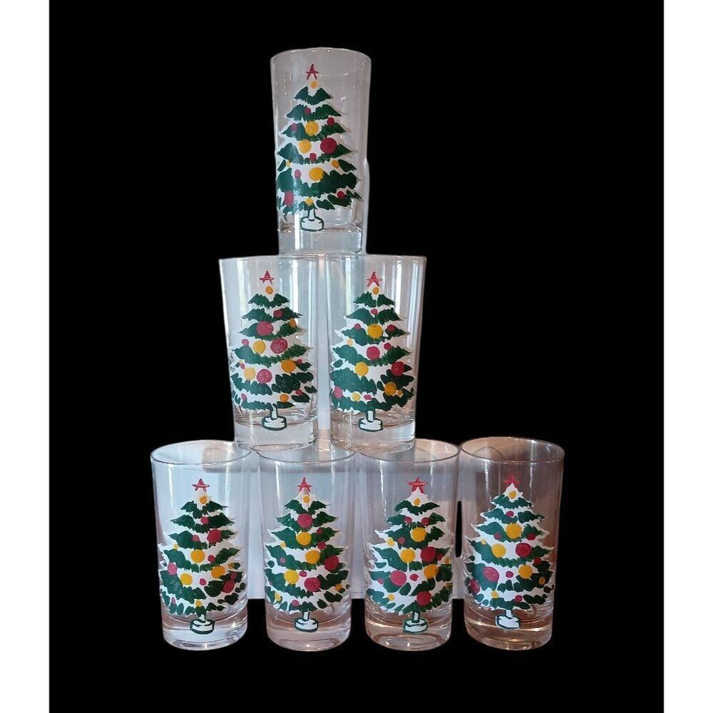 VTG Hand Painted Christmas Tree Drinking Glass Set of 7 Water Tumbler Federal
